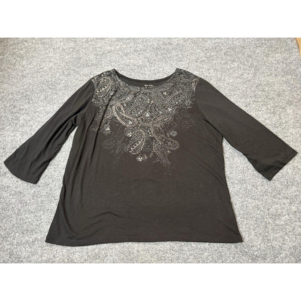 White Stag Shirt Womens 2XL Black Paisley Rhinestone Scoop Neck 3/4 Sleeve